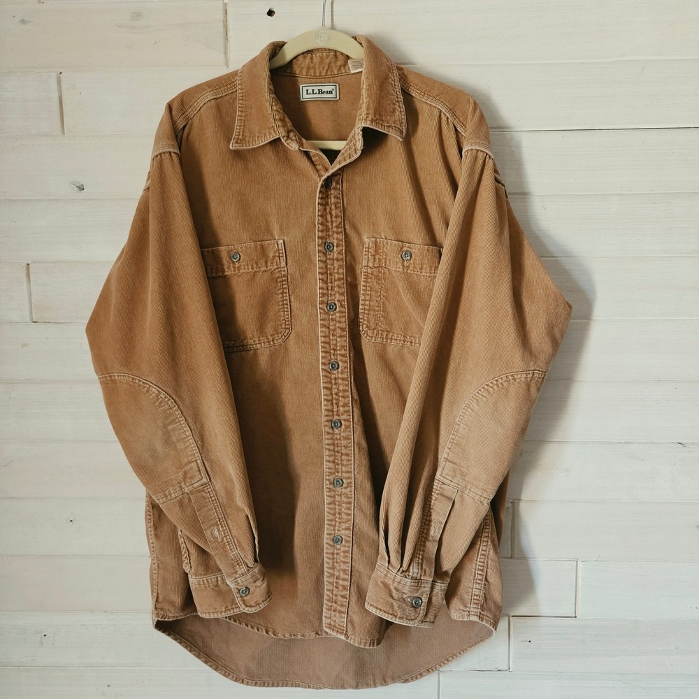LL Bean Mens Large Tall Corduroy Shirt Tan Brown Cotton Button Down Elbow Patch